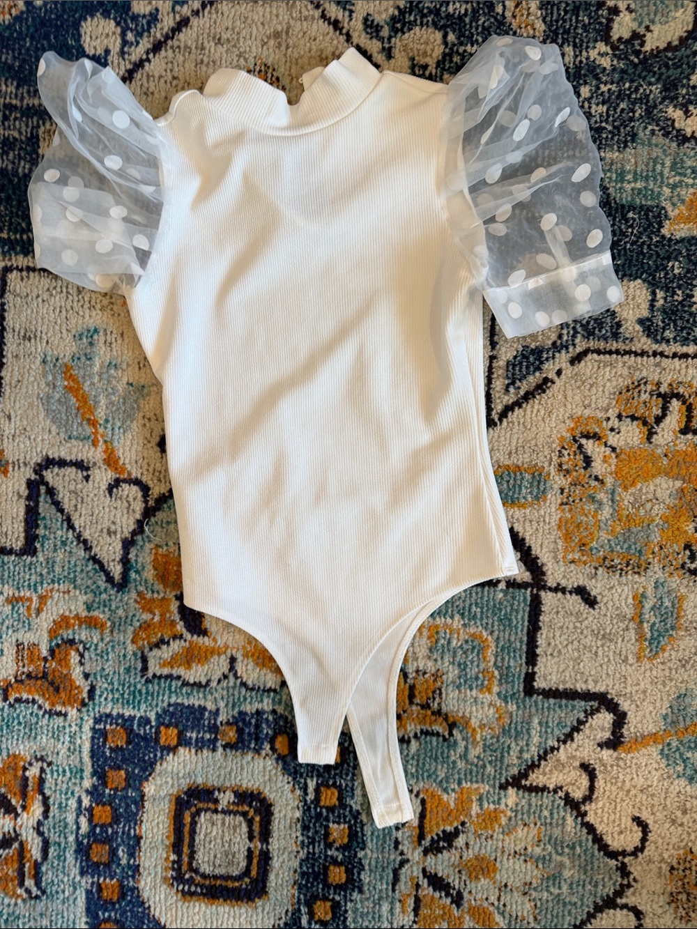TCEC White Ribbed One-Piece with Sheer Polka Dot Puff Sleeves